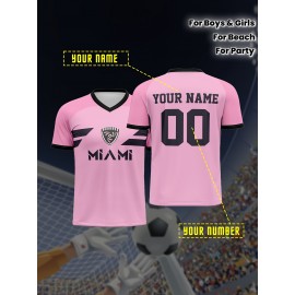 1pc Customizable Soccer Jersey for Kids - Personalized Name & Number, V-Neck, Knit Polyester, All-Season Sports & Casual Wear, Preppy Street Style, Medium Stretch, for Boys & Girls, Beach & Party Top