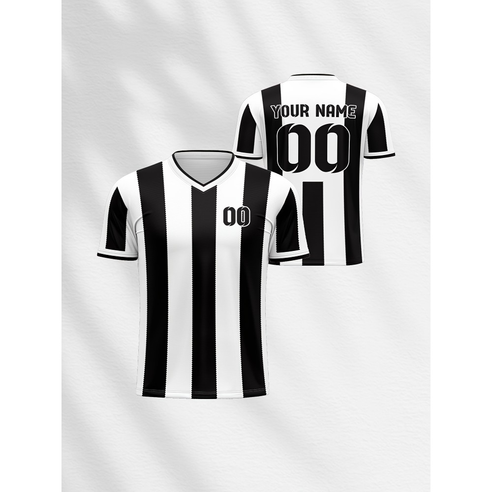 Kids' V-Neck Football Jersey - Custom Name & Number, Breathable Stretch Fabric, Black & White Stripes with Full-Body Print for Soccer, Sports & Casual Wear (Machine Washable, Spring/Fall), Sports Team Apparel, Comfortable Fit Shirt