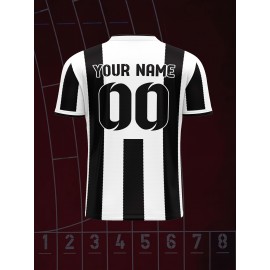 Kids' V-Neck Football Jersey - Custom Name & Number, Breathable Stretch Fabric, Black & White Stripes with Full-Body Print for Soccer, Sports & Casual Wear (Machine Washable, Spring/Fall), Sports Team Apparel, Comfortable Fit Shirt