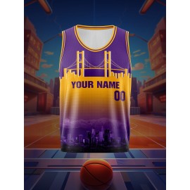 Boys Loose & Breathable Custom Sleeveless Basketball Jersey Shirt, Personalized Bridge Pattern Top For Sports & Exercise