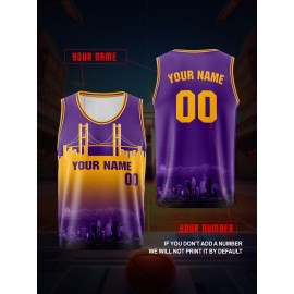 Boys Loose & Breathable Custom Sleeveless Basketball Jersey Shirt, Personalized Bridge Pattern Top For Sports & Exercise
