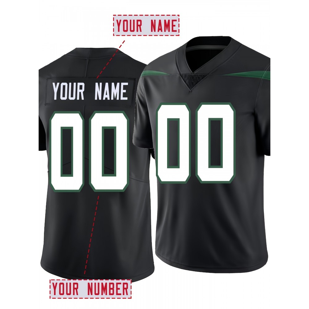 Women'S Plus Size Football Shirt - Personalized Name & Number, Breathable Soft Fabric, V-Neck Short Sleeve for Sports & Outdoor Activities, Black with Green Accents, Customizable Football Shirt, PLUS SIZE