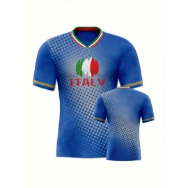 Women's Plus Size Italian Soccer Jersey - V-Neck, Short Sleeve, Breathable & Lightweight Polyester Sports Shirt with ITALY Flag Print, Moisture-Wicking Activewear for Fans & Players, Fan Apparel | Sporty Vneck | Knit Construction