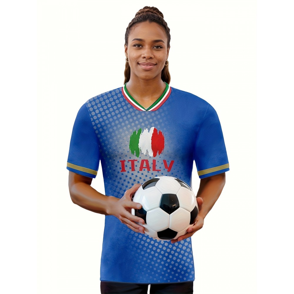 Women's Plus Size Italian Soccer Jersey - V-Neck, Short Sleeve, Breathable & Lightweight Polyester Sports Shirt with ITALY Flag Print, Moisture-Wicking Activewear for Fans & Players, Fan Apparel | Sporty Vneck | Knit Construction