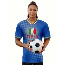 Women's Plus Size Italian Soccer Jersey - V-Neck, Short Sleeve, Breathable & Lightweight Polyester Sports Shirt with ITALY Flag Print, Moisture-Wicking Activewear for Fans & Players, Fan Apparel | Sporty Vneck | Knit Construction
