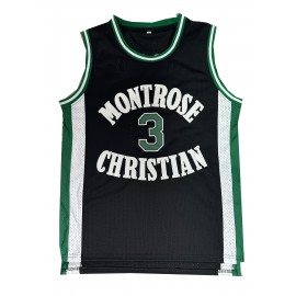1pc Men'S #3 Montrose Christian Basketball Jersey - Embroidered Name & Number, V-Neck, Slight Stretch Polyester, Sports & Party Wear, Loose Fit, Four Seasons, Adult - Black