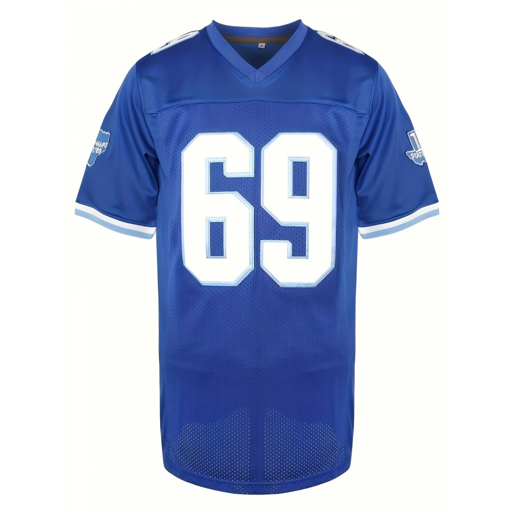 Men's #69 Blue American Football Jersey - V-Neck, Name & Number, Breathable Polyester, Loose Fit for Team Sports, Parties & Events, Sizes S-3XL