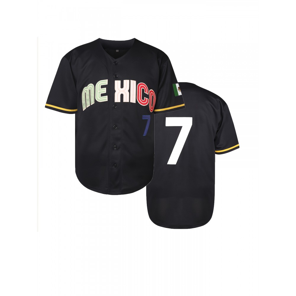 Men's #7 Mexico Baseball Jersey - V-Neck, Embroidered Name & Number, Loose Fit, Polyester, Black with Colorful Stripes, Perfect for Sports, Parties & Casual Wear