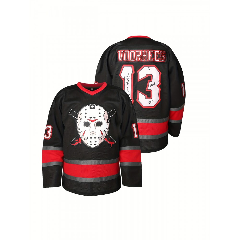 Men's #13 Voorhees Embroidered Hockey Jersey - Black & White, Polyester, V-Neck Captain's Sweatshirt with 