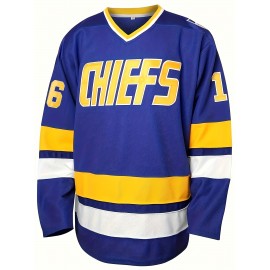 Men's #16 Blue Hockey Jersey - V-Neck, Embroidered Letter & Number Design, Polyester, Machine Washable, Perfect for Sports & Casual Wear, All-Season Comfort Fit, Loose-Fit Pullover Sweatshirt