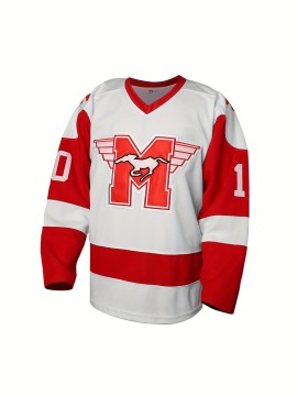 1pc Men'S Ice Hockey Jersey - Polyester Sports Sweatshirt with Embroidered Letter and Number, V-Neck, Loose Fit, Knit Fabric with Slight Stretch, Four Seasons - Adult Size Sweatshirts & Hoodies for Sports Occasions