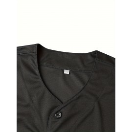 1pc Men'S Black V-Neck Polyester Baseball Jersey with Embroidered Lettering and Number - Slight Stretch Knit Fabric, Loose Fit, Button Closure, Sports & Party Wear for Four Seasons