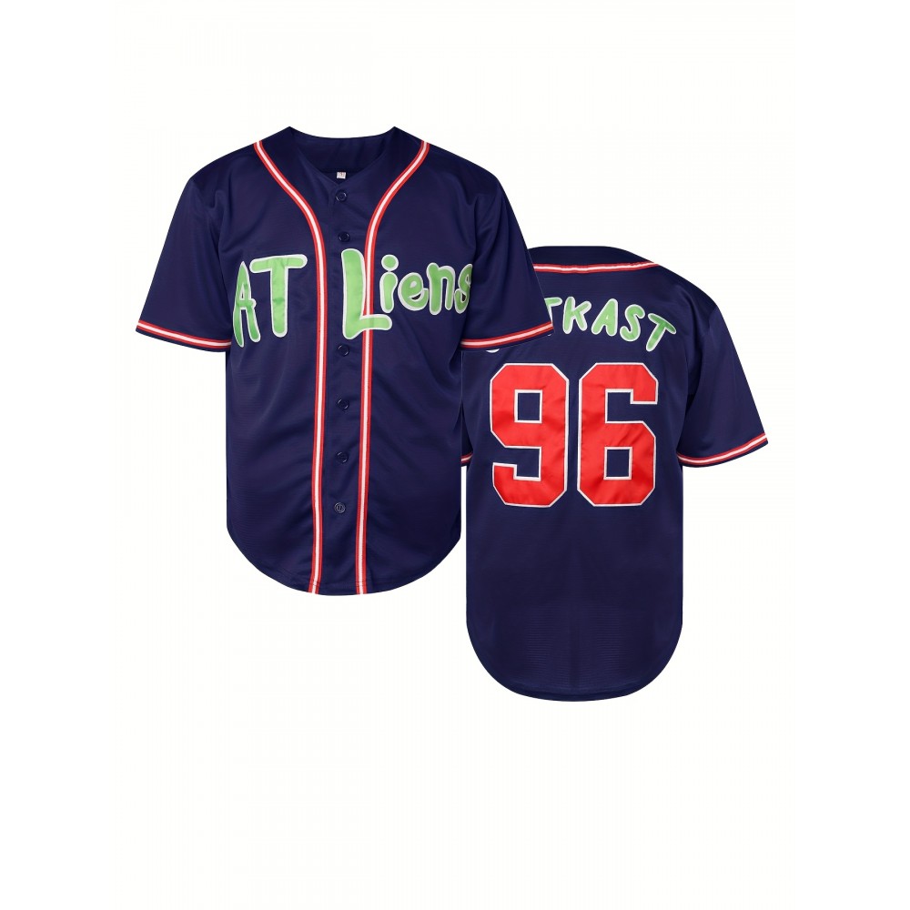 Men's #96 Blue Atlanta Baseball Jersey - Embroidered Name & Number, V-Neck, Polyester, Machine Washable, Ideal for Sports, Parties & Halloween