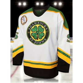 Men's #3 Embroidered Hockey Jersey - V-Neck, Long Sleeve, Color Block Design in White, Green & Black - Perfect for Sports & Casual Wear